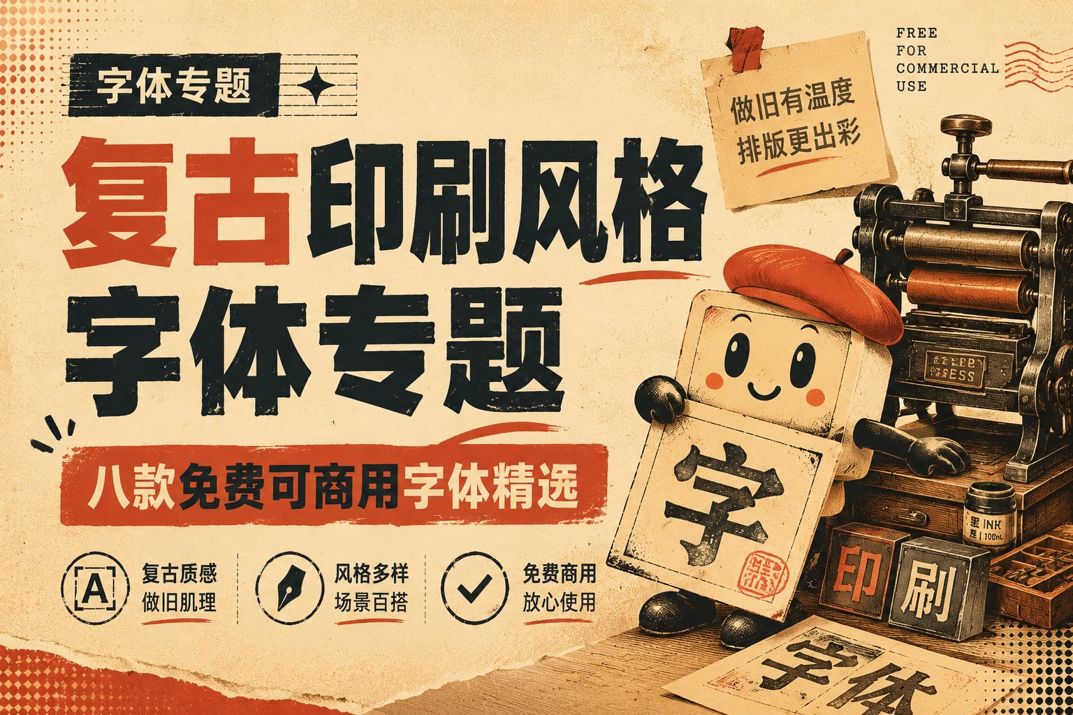 复古印刷风格字体专题八款免费可商用字体精选